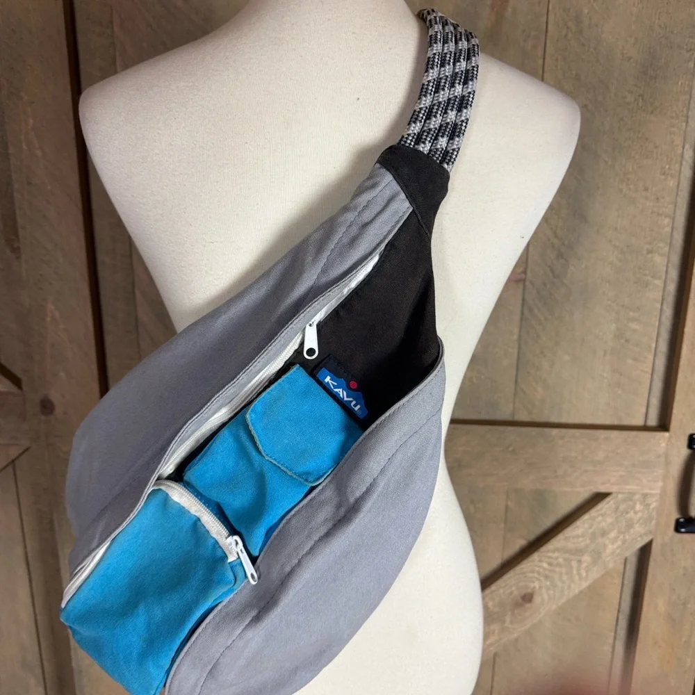 Kavu blue and gray Original rope sling bag with adjustable straps